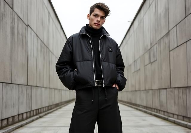 Model wearing a perfectly balanced oversized streetwear silhouette