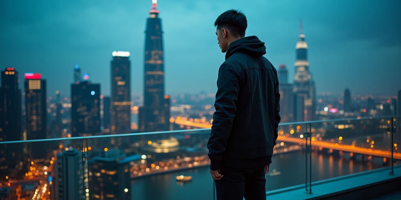 Cinematic shot of a model in high-end streetwear overlooking a city skyline